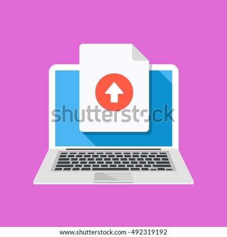 Laptop and upload file icon. Document uploading concept. Flat design graphic with long shadow. Vector illustration