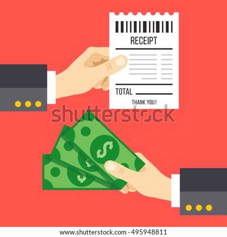 Hand holding receipt and hand holding money. Pay a bill with cash graphic concept. Flat design vector illustration isolated on red background