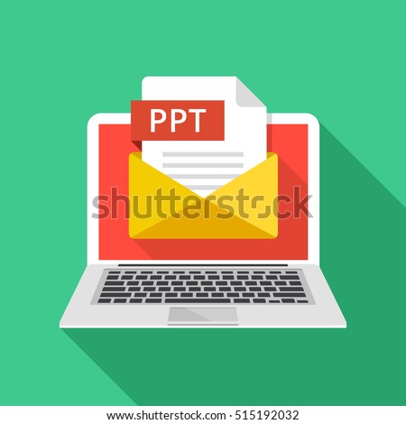 Laptop with envelope and PPT file. Notebook, email, file attachment PPT presentation document. Graphic elements for website, web banner, mobile app. Modern long shadow flat design. Vector illustration