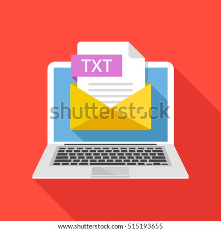 Laptop with envelope and TXT file extension. Notebook, email, file attachment text document. Graphic elements for websites, web banners, mobile app. Modern long shadow flat design. Vector illustration
