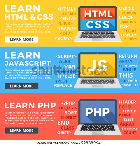 Learn HTML and CSS, learn Javascript and PHP flat illustration concepts, templates set. Flat design graphics for web banners, web sites, layouts, printed materials, infographics. Vector illustrations