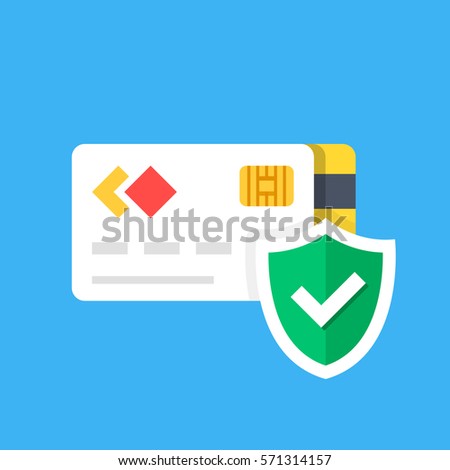 Credit card and shield with checkmark. Purchase protection, secure payment, protected transaction concepts. Premium quality. Modern flat design graphic elements. Vector illustration.