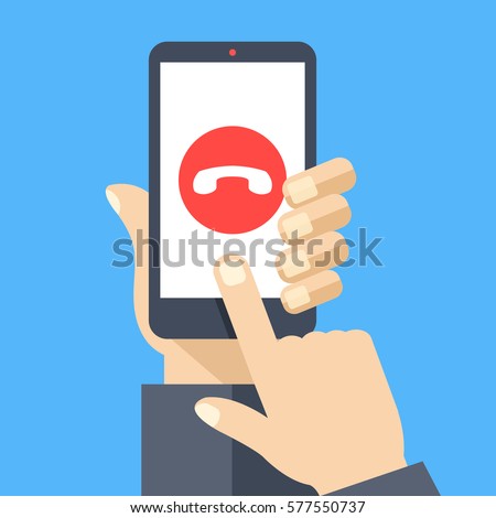 Decline phone call button on smartphone screen. Hand holding smartphone, finger touching screen. Reject call. Modern concept for web banners, web sites, infographics. Flat design vector illustration.