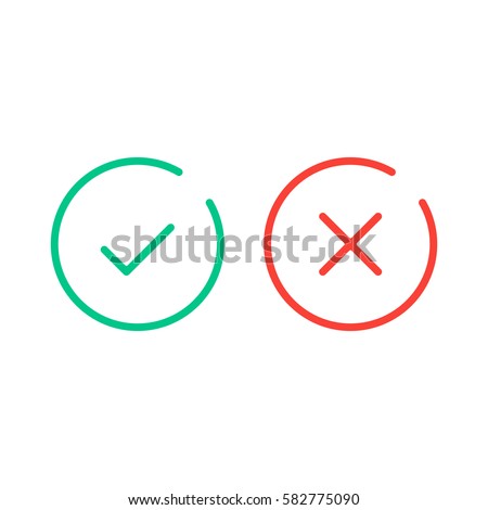 Thin line check mark icons. Green tick and red cross checkmarks flat line icons set. Vector illustration isolated on white background