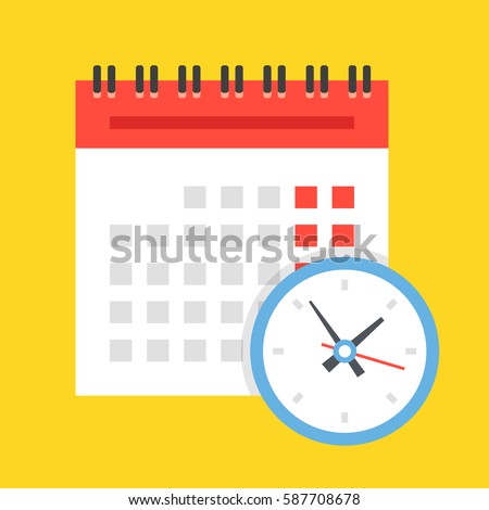 Vector calendar and clock icon. Schedule, appointment, important date concept. Modern flat design illustration isolated on yellow background