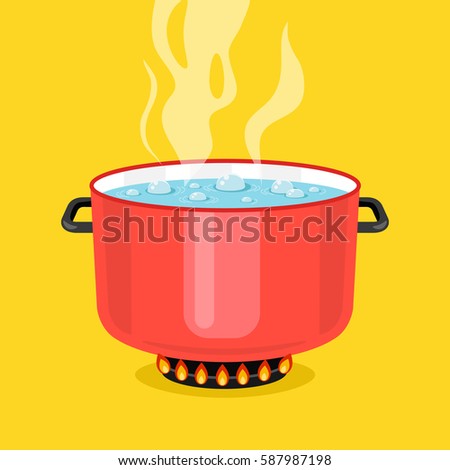 Boiling water in pan. Red cooking pot on stove with water and steam. Flat design graphic elements. Vector illustration