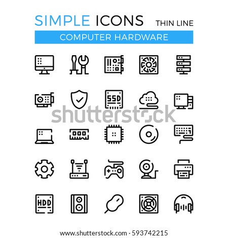 Computer hardware, PC parts and components vector thin line icons set. 32x32 px. Modern line graphic design for websites, web design, mobile app, infographics. Pixel perfect vector outline icons set.