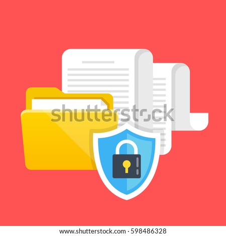 Data protection, file security and access rights concepts. Folder, documents and shield with lock icon. Modern flat design graphic elements. Vector illustration isolated on red background