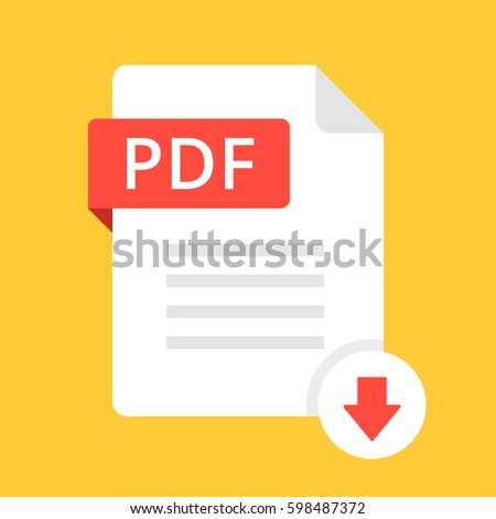 Download PDF icon. File with PDF label and down arrow sign. Downloading document concept. Flat design vector icon