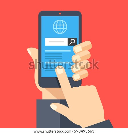 Hand holding smartphone with web browser and search bar on screen. Finger touch screen. Mobile internet usage, search on the internet concept for website, web banner. Flat design vector illustration