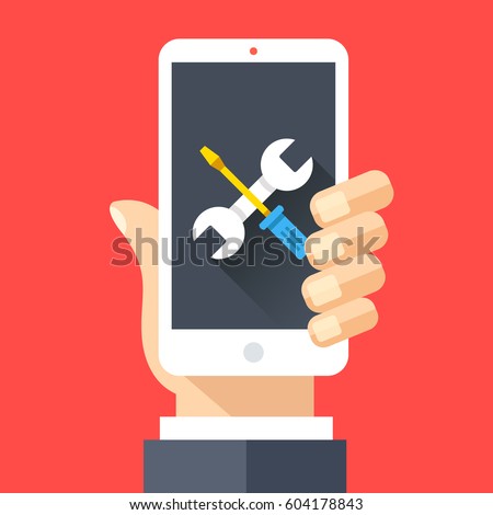 Wrench and screwdriver icon on smartphone screen. Hand holding smartphone. Fix, maintenance, mobile phone repair service concept for web banner, web site, infographics. Flat design vector illustration