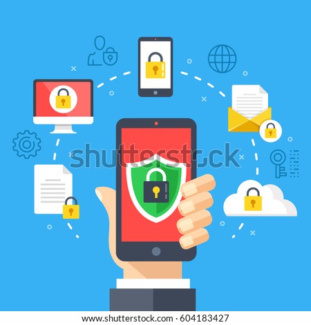 Mobile security, data protection concept. Hand holding smartphone, shield lock icon. Modern flat design graphic elements, thin line icons set for web banner, website, infographics. Vector illustration