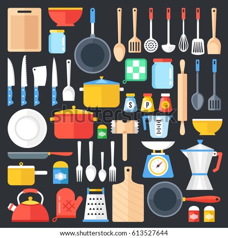 Kitchen utensils set. Kitchenware, cookware, kitchen tools collection. Modern flat icons set, graphic elements, objects for website, web banner, infographics. Flat design concept. Vector illustration.