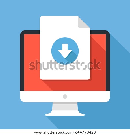 Document download button on computer screen. Document icon and desktop PC. Downloading files concepts, graphic elements for web banners, web sites, infographics. Modern flat design vector illustration