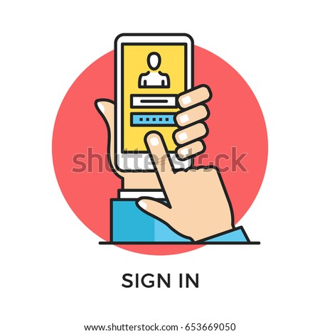 Sign in icon. Hand holding smartphone with login page and login and password registration form, finger touching screen. Modern flat design thin line concept. Vector icon isolated on white background
