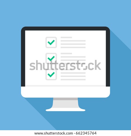 Checkboxes on computer screen. Checkboxes and green checkmarks. Modern concept for web banners, web sites, infographics. Creative flat design vector illustration isolated on blue background
