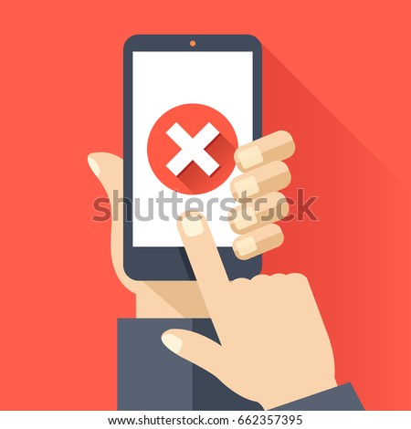 Hand holding smartphone with round red x mark icon on smartphone screen. Modern flat design graphic elements for web banners, web sites, infographics. Long shadow design. Creative vector illustration