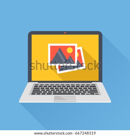 Photos icon on laptop screen. Multimedia, sharing images, digital photo album app concepts. Modern simple long shadow flat design for web banners, websites, infographics. Creative vector illustration