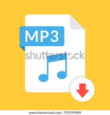 Download MP3 icon. File with MP3 label and down arrow sign. Audio file format. Downloading audio concept. Flat design vector icon