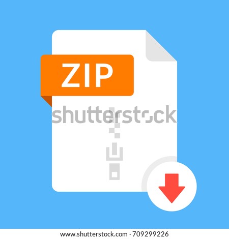 Download ZIP icon. File with ZIP label and down arrow sign. Archive file format. Downloading document concept. Flat design vector icon