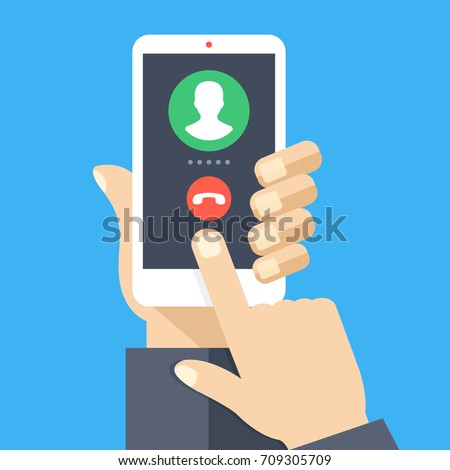 Outgoing call. White smartphone with call screen. Waiting for answer concept. Human hand holding cellphone, finger touching screen. Modern flat design graphic elements and objects. Vector illustration