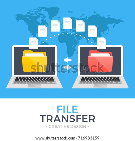 File transfer. Two laptops with folders on screen and transferred documents. Copy files, data exchange, backup, PC migration, file sharing concepts. Flat design graphic elements. Vector illustration