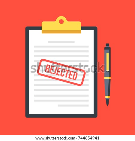 Rejected application. Clipboard with document, red rejected stamp and pen. Top view. Modern flat design graphic elements, concepts. Vector illustration