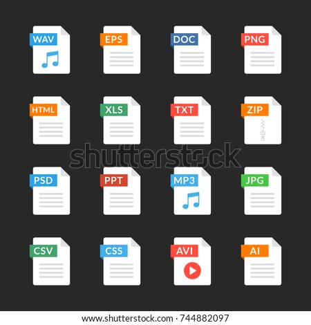 File formats flat icons set. White paper document pictograms with different file types, extensions. Web design graphic elements. Vector icons isolated on black background