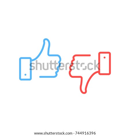 Thumbs up and thumbs down icons. Blue like button, red dislike button. Simple linear stroke, outline style. Modern graphic elements. Premium quality. Vector line icons set isolated on white background