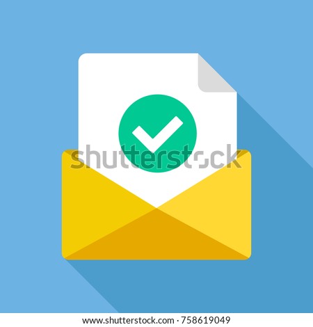 Envelope with document and round green check mark icon. Successful e-mail delivery, email delivery confirmation, successful verification concepts. Modern flat design vector icon