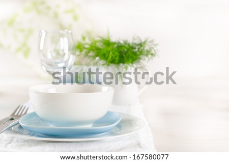 romantic table set up for two, White and blue table serving