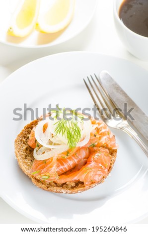 Smoked salmon on rye bread with pickled onions and lemon