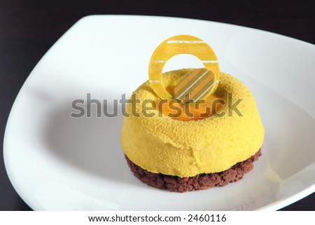 Dessert cake on plate design detail in yellow color