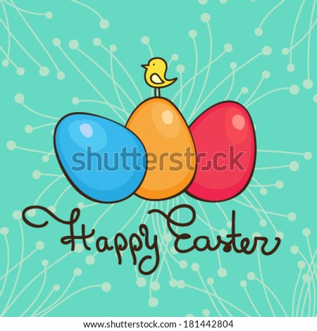 Bright happy easter card in vector. Funny chicken, eggs in cute cartoon style. Stylish holiday background