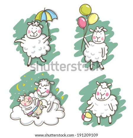 Cute sheep. Cute Lamb. Happy animals. Mom and baby. Set of animals. Baby sheep.
