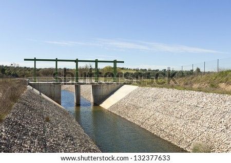 Almost finished sluice gate in the water diversion canal upstream the Alvito reservoir near Oriola village, part of the Alqueva Irrigation Plan, Alentejo, Portugal
