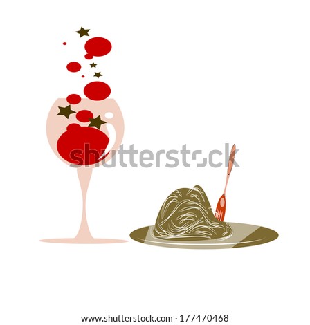 glass of wine accompanying a plate of spaghetti on white background