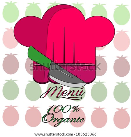 red chef hat with his knife, red and green text and background pattern tomatoes or vegetables in green and red colors.