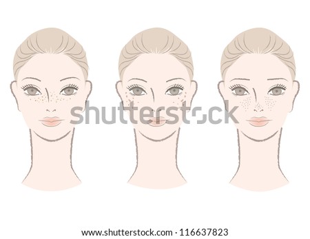 Beautiful woman with freckles, liver spots, large pores. Isolated on white. Cut out. Vector. For other variation, check my portfolio.