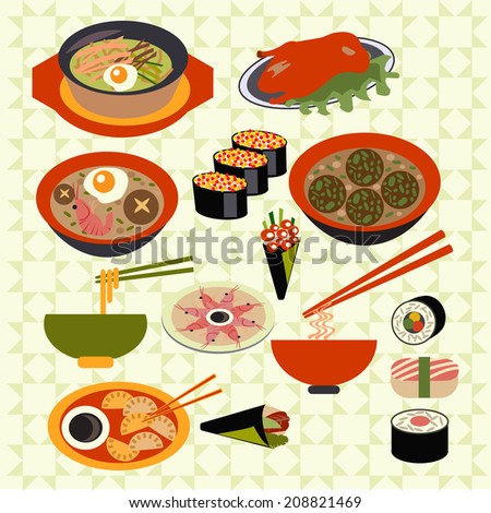 Set icons of asian food Japanese dishes vector