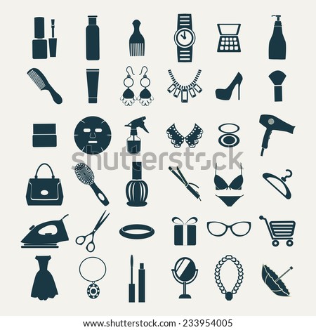 vector icon set of beauty, shopping women accessories silhouettes collection-illustration