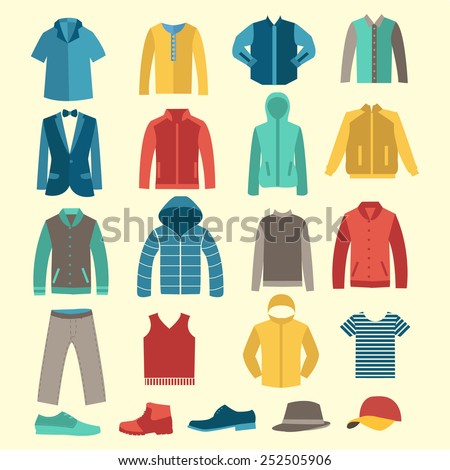 set of Fashion collection of man wardrobe. Various male clothing - Set of flat men clothes and accessories icons - Illustration