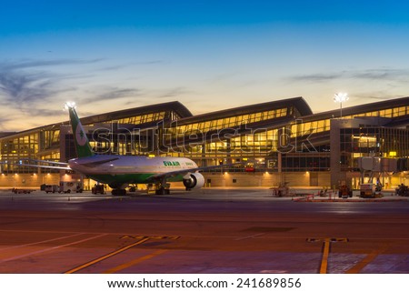 CALIFORNIA, - OCTOBER 30 : EVA AIR airplane parking at LAX airport on October 30, 2014 in California, USA.