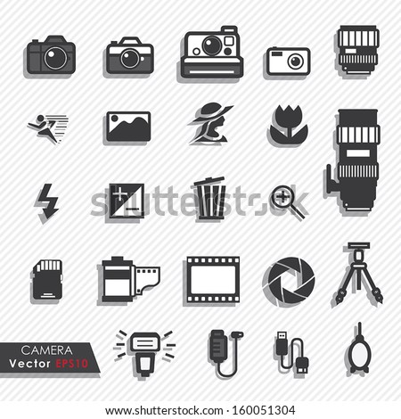 Photography camera lens and accessories set vector icons