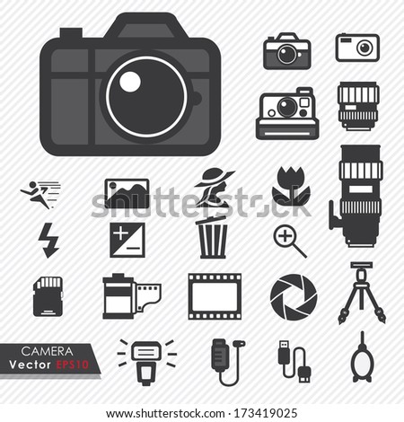 Photography camera lens and accessories set vector icons