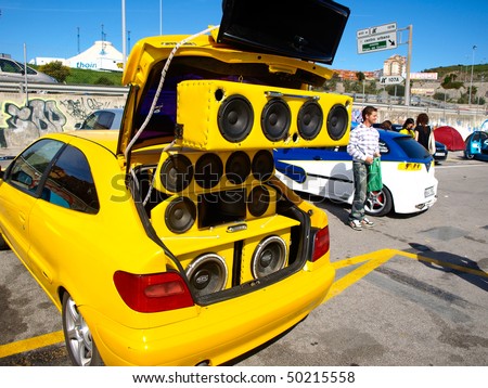 ALGECIRAS, SPAIN - APRIL 04: Car Tuning show on April 04, 2010 in Algeciras, Spain. Fans of tuned cars present extreme bass speakers
