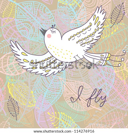 Flying bird. Illustration with white bird and seamless background of colorful leafs in vector. Cartoons with bird. I fly.