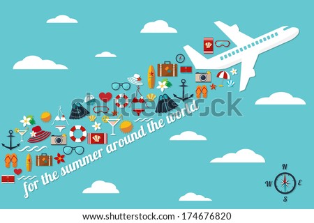 abstract illustration with airplane in the blue sky with fall summer things and slogan 