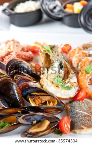Platter with lobster, mussels, fish and prawns