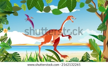 Dinosaurs and prehistoric world green plants colorfull vector template